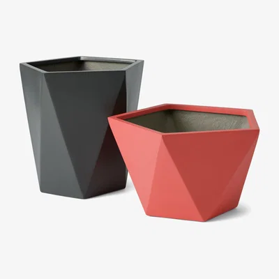 Made.com Baloo Set of 2 Geometric Tall Fibreglass Planters, Coral Pink & Dark Grey