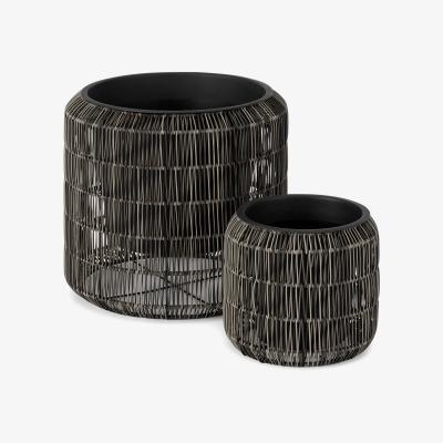 Made.com Nadda Set of 2 Round Polyrattan Plant Stands, Brown