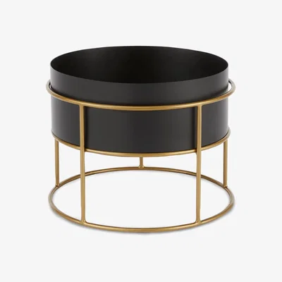 Made.com Echo Free Standing Round Low Powdercoated Plant Stand, Black & Metallic Gold