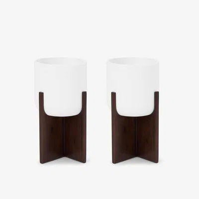 Made.com Barwyn Set of 2 Tall Planters with Stands, Stone Fibre Cement & Acacia