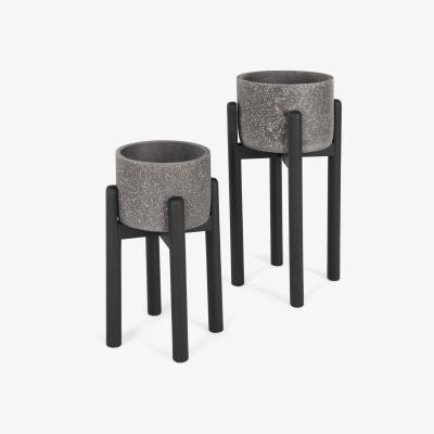 Made.com Hakuun Set Of Two Terrazzo Plant Pots With Rubberwood Legs, Grey & Black