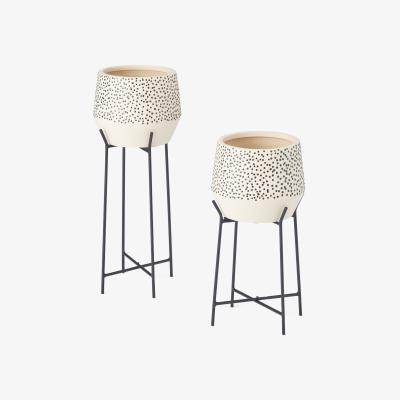 Made.com Mano Set of 2 Polka Dot Earthenware Planter with Stand, White & Black