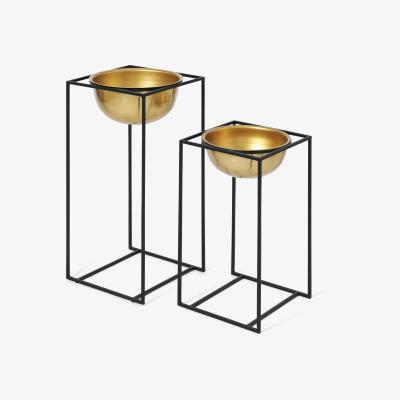 Made.com Janelle Set of 2 Tall Dome Planters & Square Stands, Brass & Black