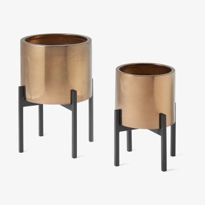 Made.com Gia Set of 2 Metallic Glaze Earthenware Planters with Stand, Bronze