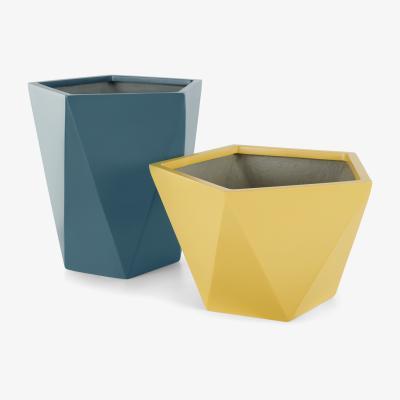 Made.com Baloo Set Of 2 Geometric Tall Fibreglass Planters, Yellow & Teal
