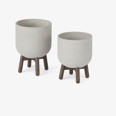 Made.com Jouko Set of 2 Fibre Cement Plant Pots With Rubberwood Legs, Concrete & Walnut