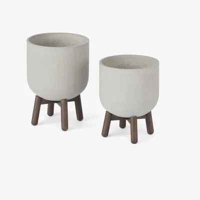 Made.com Jouko Set of 2 Fibre Cement Plant Pots With Rubberwood Legs, Concrete & Walnut