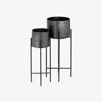 Olivia's Hill Interiors Set of Two Grey Metallic Planters on Stand