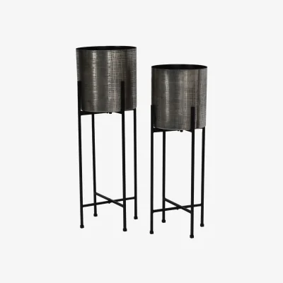 Olivia's Libra Clyde Set Of 2 Floor Standing Nickel Planters on Black Stands