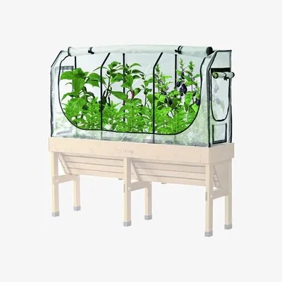 Downtown VegTrug Medium Wall Hugger Raised Planter, Greenhouse Frame and Multi-Cover Set In Clear