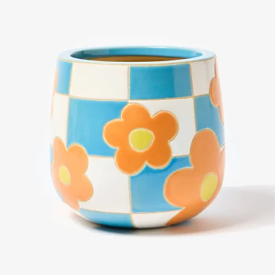 Oliver Bonas Daisy Chequerboard Blue Ceramic Plant Pot Medium