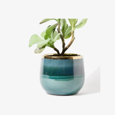 Oliver Bonas Laine Blue Ceramic & Gold Foil Plant Pot Extra Large