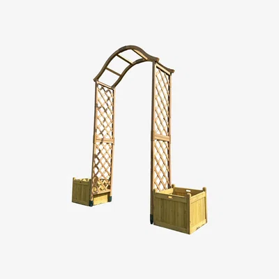The Range Wooden Garden Trellis Arch with Curved Top - Brown / Arch with Planters and Ground Spikes