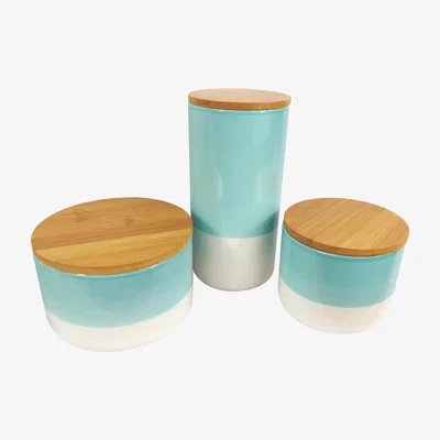 The Range Set of Three Canisters Aqua Green Ceramic Storage Jars with Lids - White