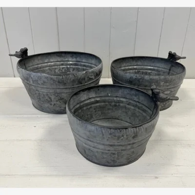 The Range Grey Set of Three Dark Round Planters with Bird - Grey