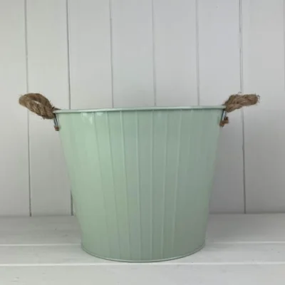 The Range Tapered Zinc Planter with Rope Ears and Drainage Hole - Pale Green