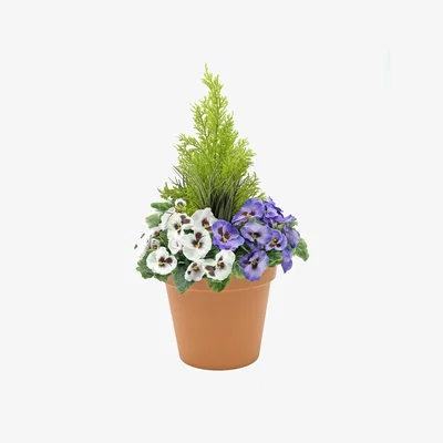The Range Artificial Purple and White Pansies in Terracotta Pot Patio Planter - Purple and White