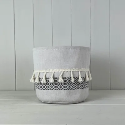 The Range Large Cylinder White and Black Cotton Planter with Tassels - White
