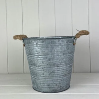 The Range Grey Textured Ribbed Zinc Bucket with Hessian Ears - Grey