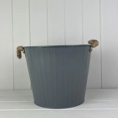 The Range Cool Grey Round Tapered Zinc Planter with Rope ears and Drainage Hole - Dark Grey