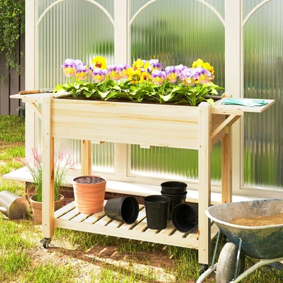 The Range Outsunny Raised Wooden Planter with Lockable Wheels - Natural wood finish