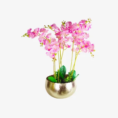 The Range Large Artificial Orchids Display with XL Metal Bowl Planter - Green