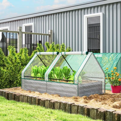 The Range Outsunny Raised Garden Bed Planter Box with Greenhouse, Green and Dark Grey - White