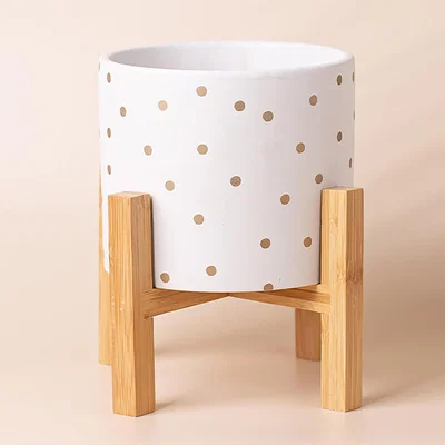 The Range Gold Dot Planter Plant Pot with Bamboo Stand - White