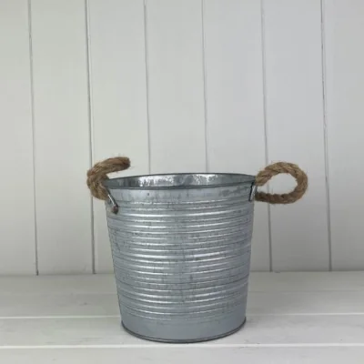 The Range Grey Ribbed Zinc Bucket with Hessian Ears - Grey