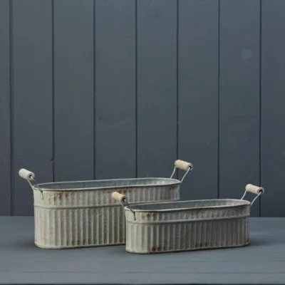The Range Grey Set of Two Vintage Whitewashed Oval Zinc Troughs - Grey