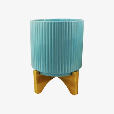 The Range Turquoise Blue Ribbed Ceramic Planter Plant Pot with Bamboo Stand - Blue