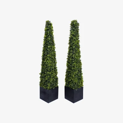The Range Set of 2 Artificial Pyramid Topiary Trees Black Square Planter - Green