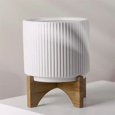 The Range Ceramic Plant Pot with Bamboo Stand - White Ribbed - White