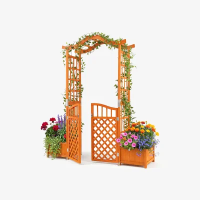 The Range Garden Arbor with Gate and 2 Planter Boxes - Red brown