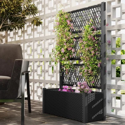 The Range Outsunny Garden Planter Box with Trellis, Liner - Charcoal grey