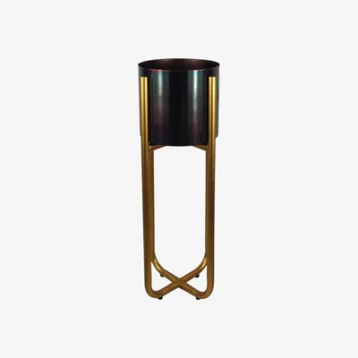 The Range Tall Gold Stand with Iridescent Rainbow Metal Planter - Yellow