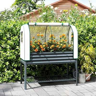 The Range Outsunny Galvanised Raised Planter with Cover and Bottom Shelf - Dark Grey