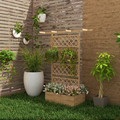 The Range Wood Planter with Trellis Raised Garden Bed for Climbing Plants - Natural