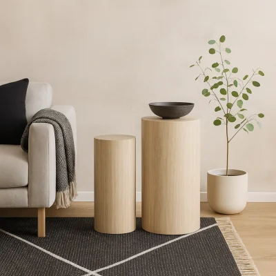 The Range Lille Travertine Effect Round Pedestal Set of 2 - Beige