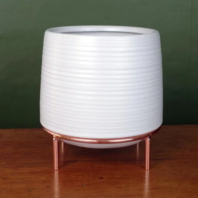 The Range White Ceramic Planter Metal Stand Plant Pot - White Ceramic Gold Stand