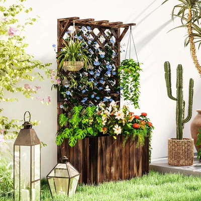The Range Outsunny Wooden Raised Garden Planter Box with Trellis - Carbonised finish