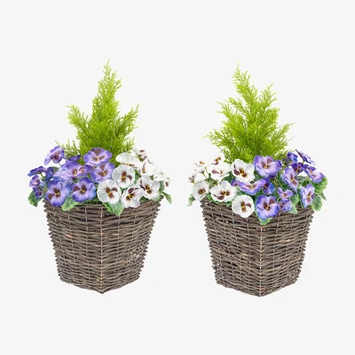 The Range Set of 2 Artificial Rattan Patio Planters Purple and White Pansies - Purple and White