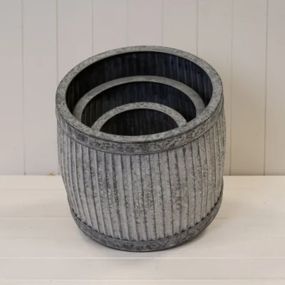 The Range Grey Set of 3 Round Galvanised Ribbed Planter - Grey