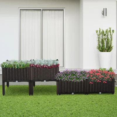 The Range Outsunny Rattan Effect Raised Flower Planter Bed - Brown / Set 4