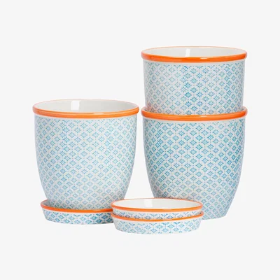 The Range 20.5cm Hand-Printed Plant Pots with Saucers Pack of 3 - Blue