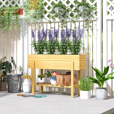 The Range Outsunny Wooden Raised Planter with Bed Liner, Storage Shelf - Natural