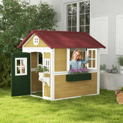The Range Outsunny Wooden Playhouse with Doors, Windows, Plant Pots - Beige