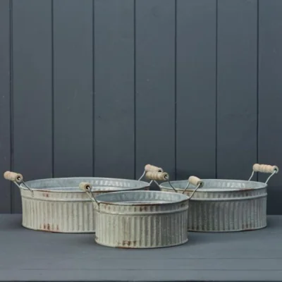 The Range Set of Three Vintage White Ribbed Zinc Planter Bowls - White
