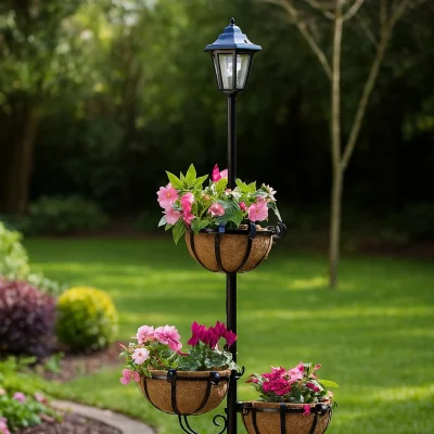 The Range Solar Powered 3 Tier Flower Planter With LED Light 2 in 1 Garden Outdoor - Black