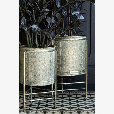 Rockett St George Set Of 2 Antique Gold Patterned Planters